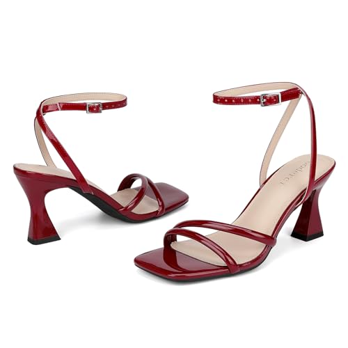Image of Goderci Women's Kitten Strappy Mid heels Square Open Toe Ankle Strap Heeled Sandals