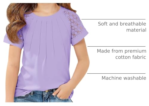 Image of Girls Pleated T Shirts Kids Fashion Lace Sleeve Summer Tops Casual Crewneck Blouse 5-14 Years