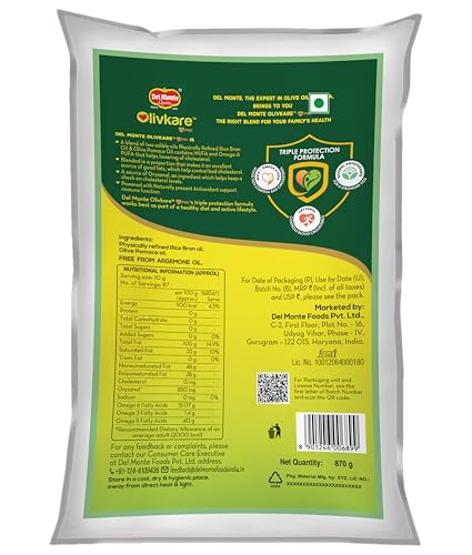 Image of Del Monte OlivKare Heart Pro Oil 870g | Goodness of Olive Oil | Blend of Olive Oil & Rice Bran oil | Contains MUFA, PUFA, & Omega-6 which helps control Bad Cholesterol | Suitable for Everyday Indian Cooking