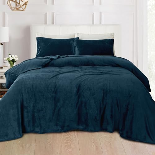 Elegant Comfort Luxuriously Soft 4-Piece Velvet Plush Flannel Sheet Set - Premium Quality - Cozy Warm, Anti-Static, Non Pilling Fuzzy Velvet Flannel Fleece Deep Pocket Sheet Set - Twin XL, Navy