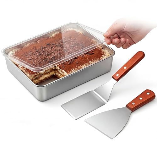 Blushtier 1 Set Tiramisu Pan with Lid Stainless Steel Baking Dish with 2 Spatulas Rectangle Dessert Pan for Tiramisu Cheesecake and Mousse (11.2 x 8.9 x 2.6 in)