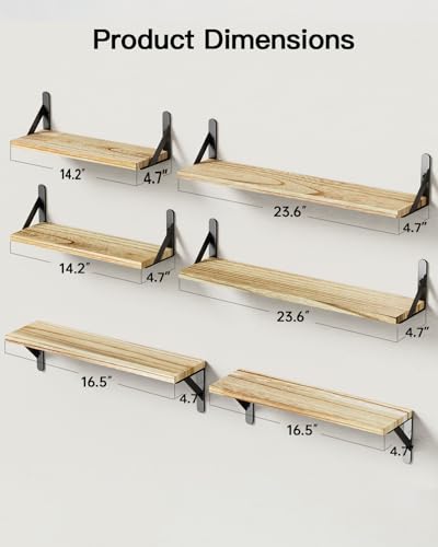 Image of AMADA HOMEFURNISHING Long Wall Shelves, Rustic Farmhouse Style, Wood Floating Shelves for Wall Decor, Bathroom & Bedroom Storage, Living Room Book Shelves, 6pcs