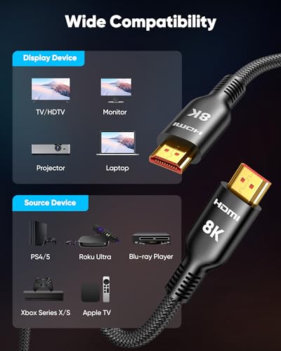 Highwings 8K HDMI Cable 12FT, 48Gbps Ultra High Speed HDMI Cable Braided Cord-4K@120Hz 8K@60Hz, DTS:X, HDCP 2.2&2.3, HDR 10 Compatible with Roku TV/PS5/HDTV/Blu-ray