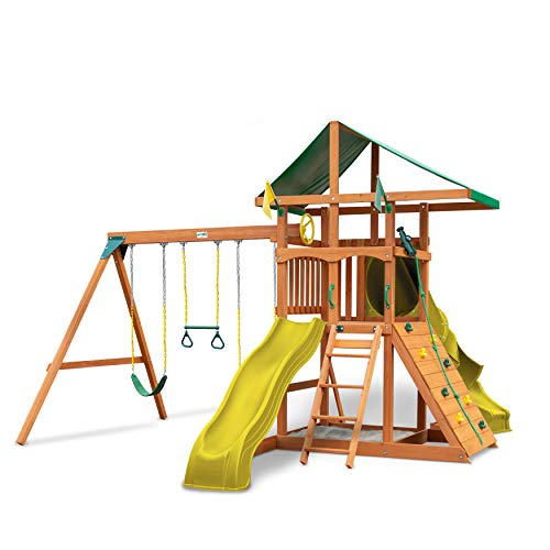 Gorilla Playsets 01-1073-Y Outing Wood Swing Set with Green Vinyl Tarp & Twisted Tube Slide - Yellow Slides, Amber