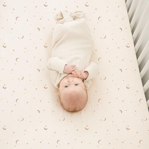 Image of Konssy Muslin Crib Sheets for Boys, Soft Cotton Neutral Baby Sheets for Standard Crib Mattress 2 Pack, 52 inchx28 inch (Coffee Check,Moon)
