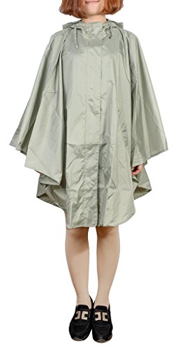 Qzunique Women's Waterproof Packable Batwing-Sleeved Raincoat Rain Poncho Jacket Coat Hooded For Adults With Pockets Green #TOP1
