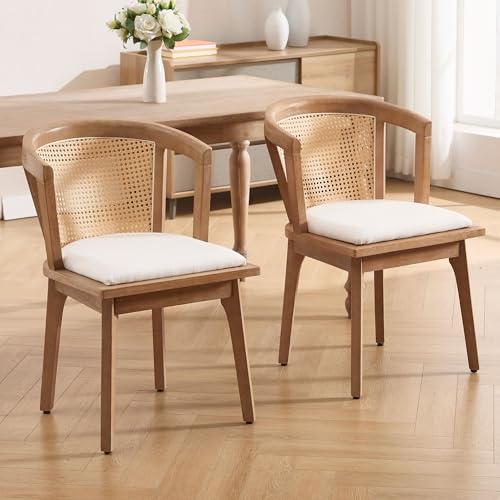 Image of BESTANO Rattan Dining Chairs Set of 6, Mid Century Modern Farmhouse Wood Dining Room Chairs, Upholstered Comfortable Kitchen Dining Side Chair with Cane Woven Back, Beige Linen