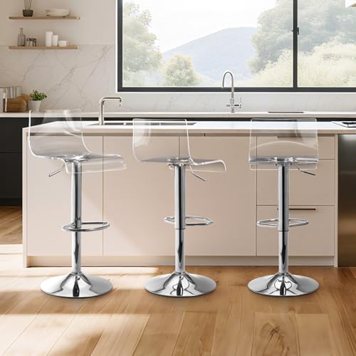 Lessmore Clear Bar Stools Set of 3 Acrylic Bar Stools Swivel Transparent Bar Stool Silver Bar Stool Adjustable Height Modern Bar Chairs for Kitchen Dining Room Silver