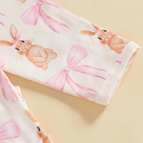 Lamuusaa Newborn Baby Girl Easter Outfit Bunny Bow Print Footie Romper Ruffle Bodysuit Zipper Jumpsuit Headband 0-18M4