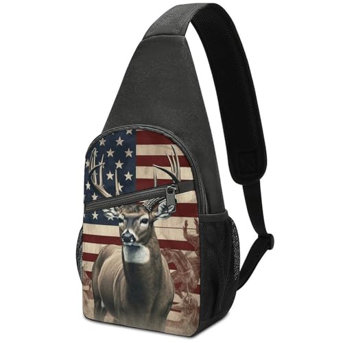 Americana Flag Deer Sling Bag Bolsa liviana cruzada para senderismo miniatura 1