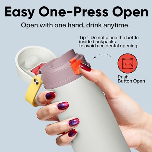 Image of Insulated Water Bottle with Straw - Encool Stainless Steel Water Bottle with Push Button Lid, Leak-Proof & BPA-Free, Keeps Cold for 24 Hours for Sports, Travel, Gym (24 oz, Quill Grey-Red)