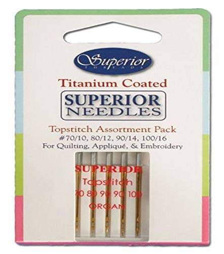 Superior Threads Topstitch Sewing and Quilting Needles Assortment Set. Sizes #70/10, 80/12, and #100/16 x 1 Needle Each. Size #90/14 x 2 Needles Each. Total of 5 Needles per Pack