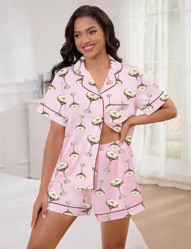 Image of SHESHOW Satin Pajamas for Women Set Preppy Animals Pjs Short Sleeve Shorts 2 Piece Loungewear Sets XS-XXL
