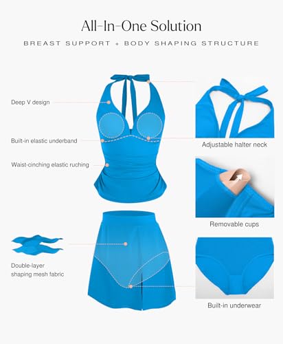 Popilush Halter Tankini Swimsuits for Women Two Piece Bathing Suits Tummy Control Ruched Shapewear Swim Suits with Skirt Blue — view 3