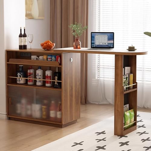 LLNWDNB Mesa de Bar Extensible con Espacio de Almacenamiento Armario Lateral Giratorio 360° con Estantes Puertas de Doble Cristal Estructura Madera Maciza para Cocinas Restaurantes A