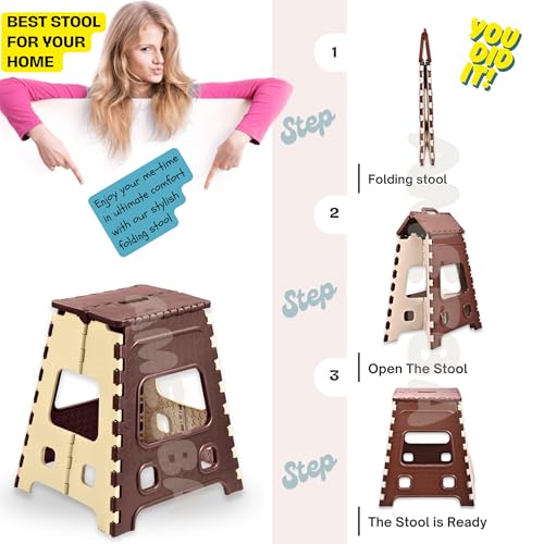 Image of AMEEBA 18 Inch Super Strong Folding Step Stool to Support Adults and Safe Enough for Kids. Opens Easy with One Flip, Great for Kitchen, Bathroom, Bedroom, Kids or Adults (Brown)