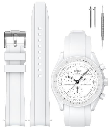 REBANDACE (リブバンドス) ムーンスウォッチ用ストラップ カーブシリコン交換用ストラップ Omega X Swatch Speedmaster Moonswatch Watch 20mm用 ソフトスウォッチ オメガストラップ 男女兼用, ホワイト