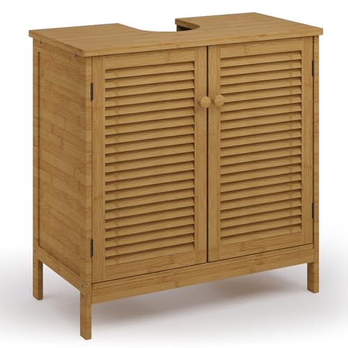 Xbro Meuble sous Lavabo Salle de Bain en Bambou, Meuble sous-Vasque avec 2 Portes à Lattes, étagère réglable, 60 x 30 x 60 cm, Naturel