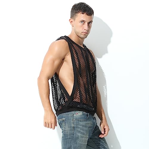 Evankin Mens Sexy Stripe Fishnet Tank Top See Through Mesh Sleeveless Tank Shirt Hollow Out Sheer Undershirts4