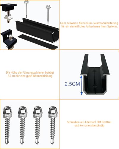 Solarmodul Halterung Endklemme Kit: PV Solarpanel Halterung mit 12CM Aluprofil Schienen & Klemme 30 - 35 mm Dicke Verstellbare für Flachdach Trapezblech Blechdach Ziegeldach (Schwarz)