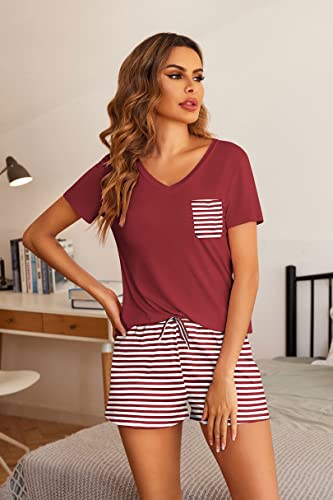 Hotouch Womens Pajama Set Soft Comfy 2 Piece Short Sleepwear Loungewear Dark Red S #TOP2