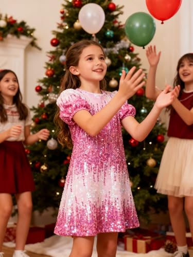 Image of WELAKEN Girls Ombre Sequin Dress Sparkly Fancy Short Puff Sleeves Gradient Party Dress