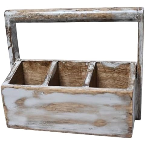 ixxora Handcrafted Organiser, Cutlery Utensil Holder With Handle meticulously carved from Mango Wood in White Distress Finish For Farmhouse Kitchen Décor & also suitable for use in the dining room Cover