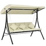 Outsunny Columpio de Jardín Exterior de 3 Plazas, Balancín de Jardín Exterior con Techo Ajustable Cojines, Almohadas y Estructura de Acero, para Terraza, Patio, Carga 320 kg, 202x115x168 cm, Beige