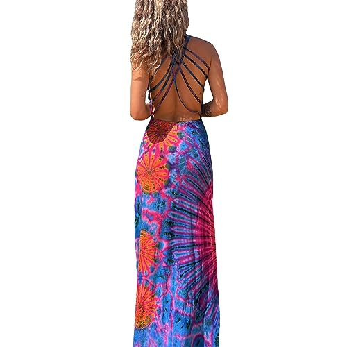 Adoeren Women Y2k Tie Dye Long Dress Sexy Sleeveless Open Back Colorful Maxi Dress Floral Printed Beach Party Sundress2