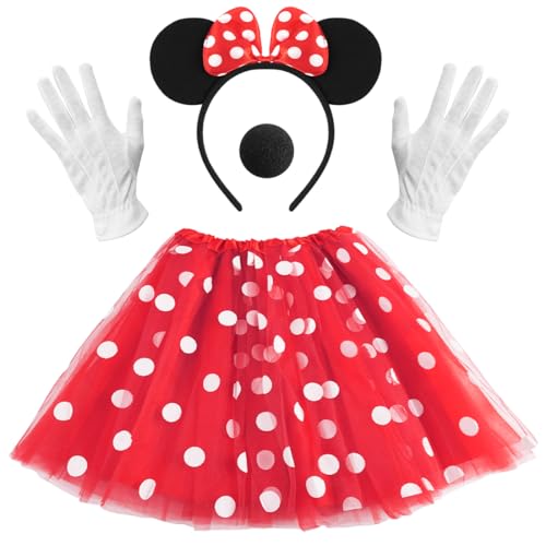 Damen Maus Mouse Kostüm, Maus Ohren mit roter Schleife, Ballettkeider + Haarreifen + Handschuhe + Nase, Rote Tutu mit Weiß Gepunktet, Kinder Tüll...