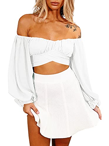 Wenrine Womens Summer Off Shoulder Crop Tops Ruffles Lantern Sleeve Tie Back Blouse Shirt White - Image 4