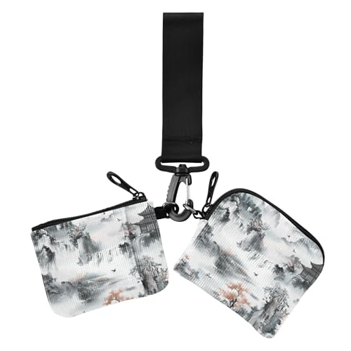 Chinese Style Lanscape Ink Women's Wallets Card Cases Slim Detachable Card Wallet Money Organizer with Zipper Coin Pocket for Work Travel 2 Packs