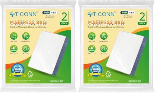 Image of TICONN 2PK Plastic Mattress Bag for Moving Storage, Waterproof Mattress Protector Cover, Heavy-Duty Mattress Moving Supplies (4 mil, Twin) (Pack of 2)