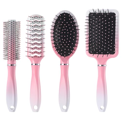 ViEinkaufen 4PCS Anti Static Hairbrushes Set for Women Girls Vent Detangling Paddle Brush for Wet & Dry Hair Reduces Breakage Eliminates Knots with Comfortable Handle Pink
