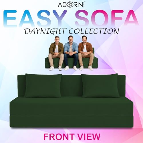 Image of Adorn India Easy 3 Seater Sofa Cum Bed | Velvet Fabric | Dark Green | Plain Design | 6x5 Ft | Comfortable Seating | Washable Cover | Perfect for Home & Office