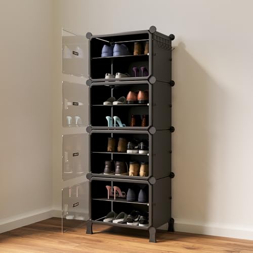 Image of BOXJOY 8 Shelf Black Shoe Rack with 4 Transparent Doors, Magnets and 5 Hook Steel Holder for Home Storage Box Organizer, Hard PET Plastic with Metal Door Frame, Shoe Chappal Slipper Sandals Stand