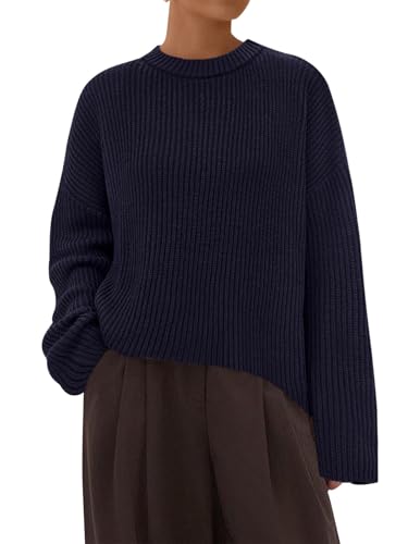 PRETTYGARDEN Womens Fall Sweaters 2025 Casual Chunky Crewneck Long Sleeve Ribbed Knit Oversized Pullovers Sweater Tops (Navy Blue, Large)