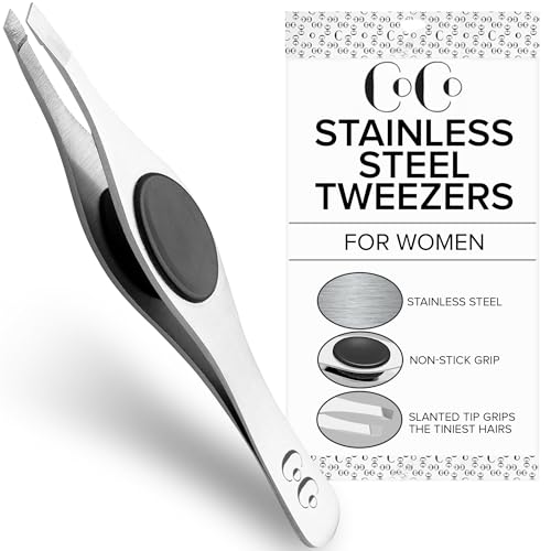 Coco’s Closet Tweezer for Eyebrows – Surgical grade Stainless Steel Slant Silver Tweezer - Precision for Ingrown Hair Removal