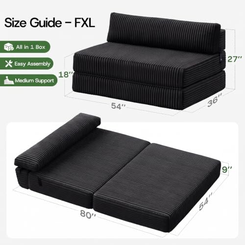 Image of Folding Sofa Bed Convertible 4 in 1 Sleeper Chair Black Full XL