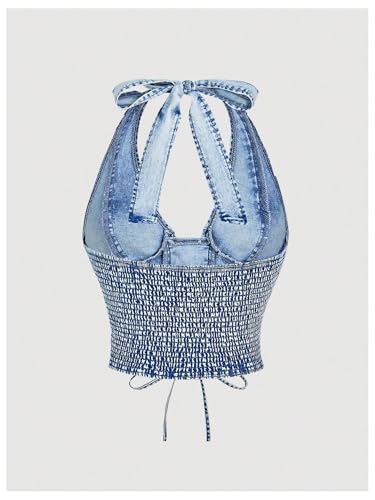 MakeMeChic Women's Y2K Denim Vest Tops Sleeveless Shirred Lace Up Tie Backless Halter Jean Top2
