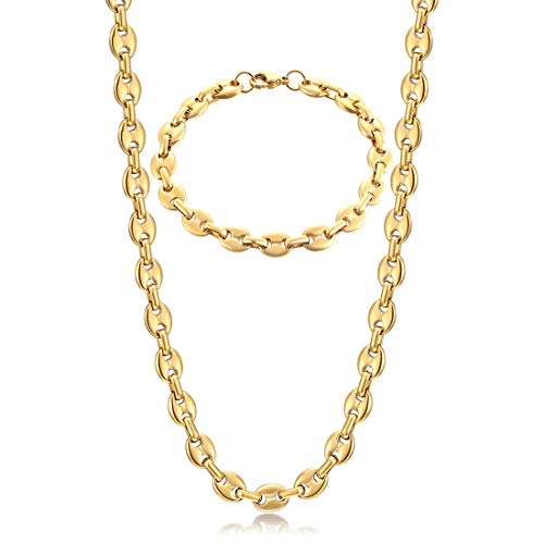 AFSTALR Collier Chaine Bracelet Graine De Café Homme Acier Inoxydable Gourmette Massif Maille Collier Or 56-6mm