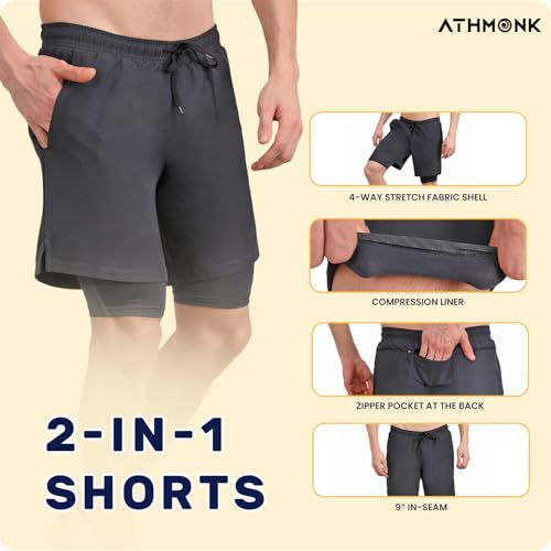 Image of 2in1 Hybrid Workout Shorts for Men and Women - Active Wear Running Shorts Tights for Sports Gym - Hidden Mobile Pocket & Zipper Back Pocket - with Double Inner Compression Liner