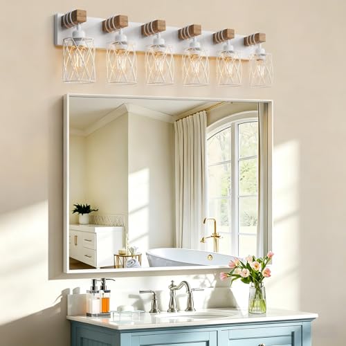 Image of IZORRO Farmhouse Bathroom Vanity Light, 6-Light Wood Bathroom Light Fixtures Over Mirror, Matte White Industrial Vanity Lights with Metal Shade, Rustic Restroom Lighting Fixtures