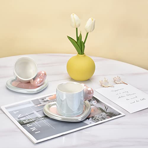 Denovin Ceramic Coffee Cup And Saucer Set, Cappuccino Espresso Demitasse Cute Heart Shape Mug, 10Oz Perfect For Milk Tea Latte Oatmeal (Pearl Blue-Green) #TOP6