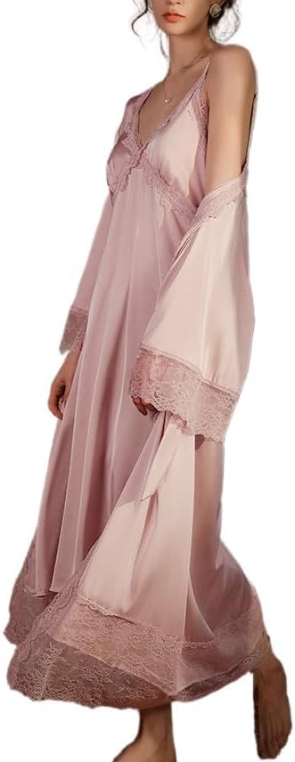 Women's Sexy Silk Long Cami Sleepwear and Lace Robes Wedding Bridesmiad Pajama Sets