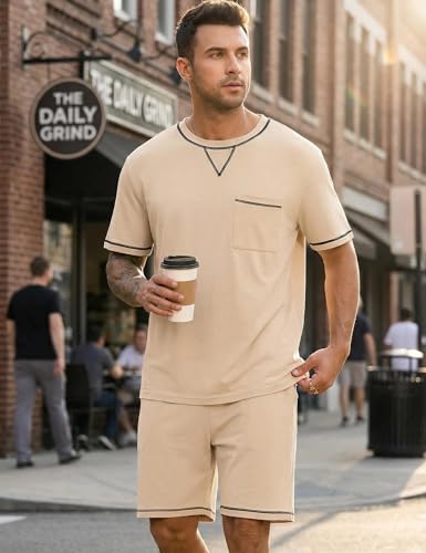 Image of SWOMOG Mens Pajamas Set Summer Sleepwear Short Sleeve Pjs Set Soft 2 Piece Lounge Set Comfy Loungewear with Pockets