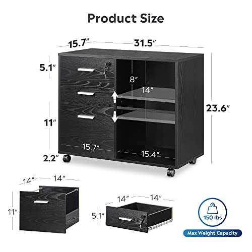 Devaise 3-Drawer Wood File Cabinet With Lock, Mobile Lateral Filing Cabinet, Black #TOP4