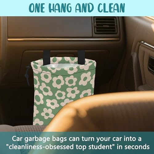 Image of Car Garbage Bag Vintage Green Groovy Flowers Drawstring Car Trash Bag Hanging for Back Seat with Adjustable Buckle Canvas Vehicle Trash Can Easy-to-Install