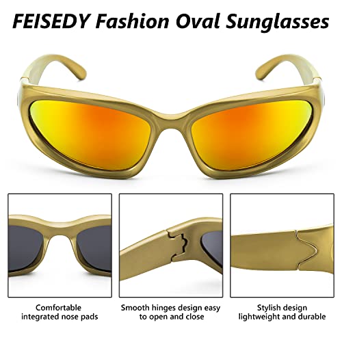 FEISEDY Y2K Futuristic Sunglasses Cool Oval Wrap Around 90s Visor Thick Frame Vintage for Men Women B29513