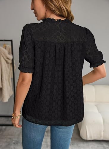 Tops For Women 2025 Boho Floral Short Puff Sleeve Shirts Summer Flowy V Neck Casual Lace Blouses2